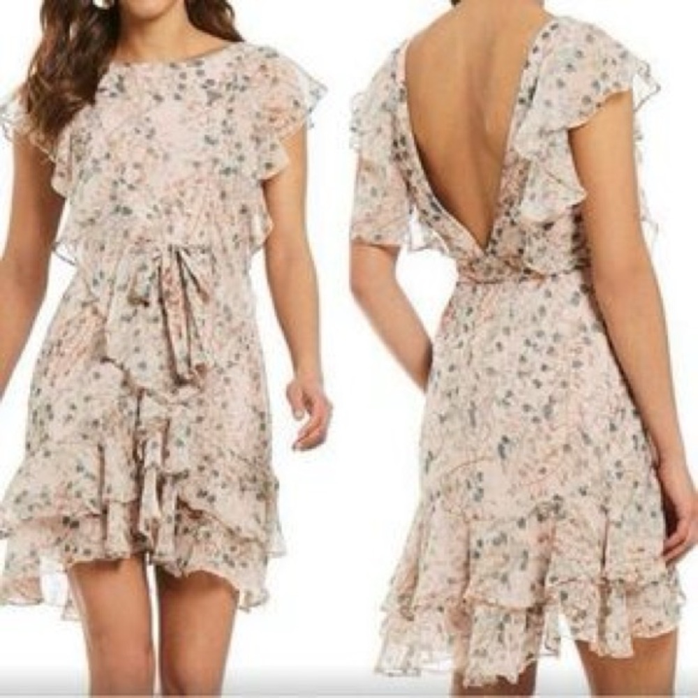 Chelsea & Violet Flowers Women Dress, Low Back, Pink Flower Ruffle Size M